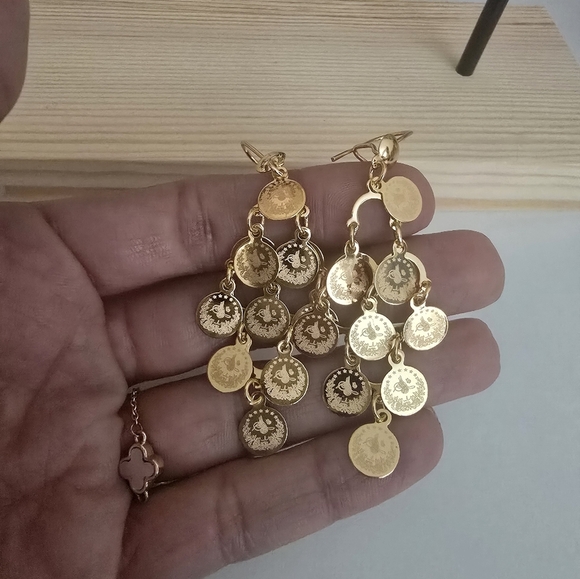 21kgp Dubai Jewelry- Gold Coin Dangle Earrings - Picture 3 of 5